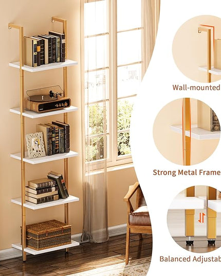 SUPERJARE 5-Tier Bookshelf, Narrow Book Shelf Set of 2, Open Wall-Mounted Ladder Shelf with Metal Frame, Display Bookcase for Home Office, Bedroom, White & Gold - LeafyLoom