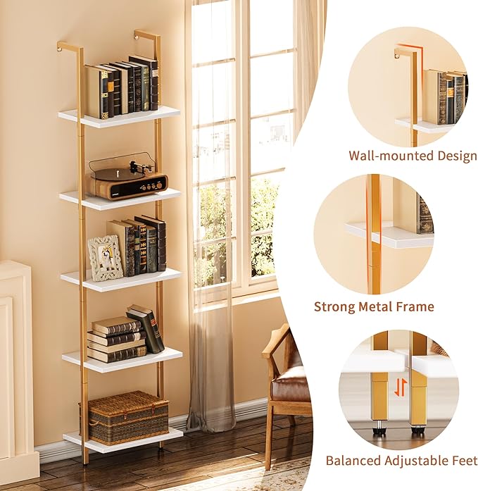 SUPERJARE 5-Tier Bookshelf, Narrow Book Shelf Set of 2, Open Wall-Mounted Ladder Shelf with Metal Frame, Display Bookcase for Home Office, Bedroom, White & Gold - LeafyLoom