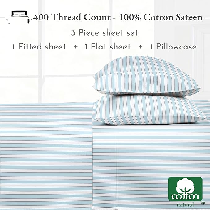 California Design Den Striped Bed Sheets Twin Size, 3 Piece 100% Cotton Sheets Set Luxury 400 Thread Count Sateen, Twin Sheets Printed Pattern (Cape Stripe) - LeafyLoom