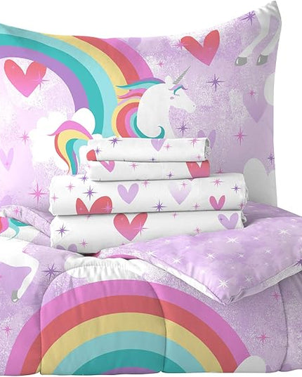 dream FACTORY Kids 5-Piece Complete Set Easy-Wash Super Soft Microfiber Comforter Bedding, Twin, Purple Unicorn Rainbow - LeafyLoom