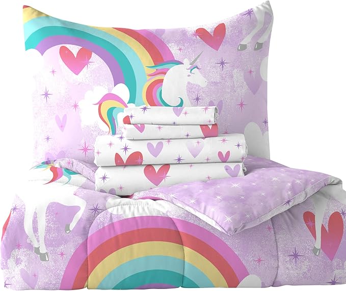 dream FACTORY Kids 5-Piece Complete Set Easy-Wash Super Soft Microfiber Comforter Bedding, Twin, Purple Unicorn Rainbow - LeafyLoom