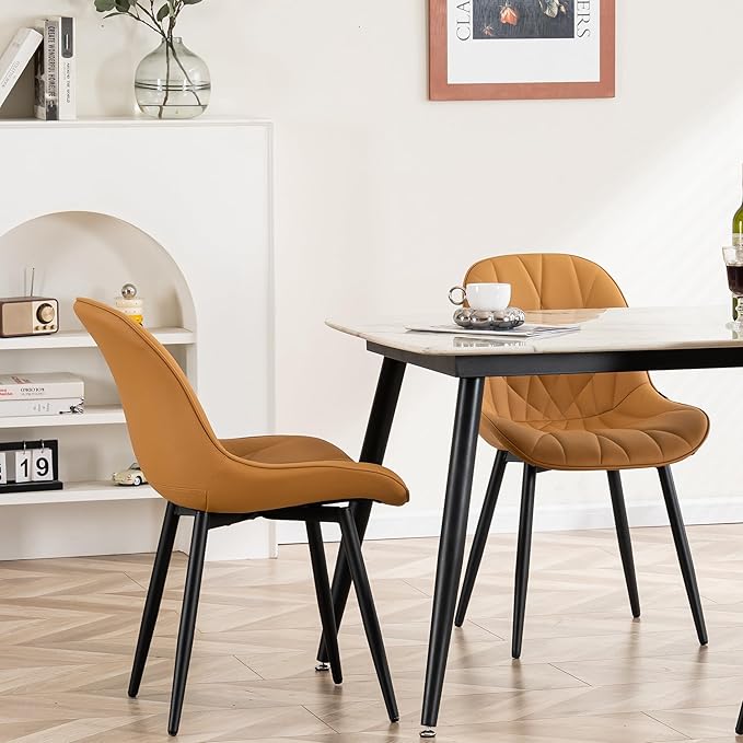 YOUNIKE Dining Chairs Set of 2, Saffron Tan Comfy Padded Kitchen Chairs, Armless Modern Faux Leather Upholstered Dining Room Chairs, Elegant Dinning Chairs Side Chairs, Loads up to 300LBS - LeafyLoom