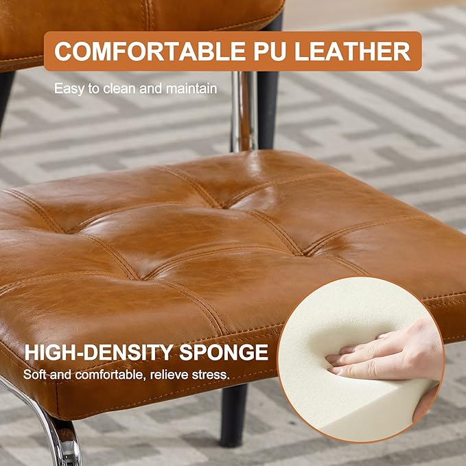 Forevich Mid Century Modern Dining Chairs Set of 4, Leather Kitchen Dining Room Side Chairs Upholstered Armless Accent Chairs with Metal Chrome Legs for Living Room, Bedroom Brown - LeafyLoom