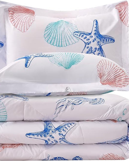 JSD 3 Piece Queen Beach Theme Kids Comforter Set, Jellyfish Starfish Shell Printed Comforter with Pillow Sham, Soft Comfortable Machine Washable - LeafyLoom