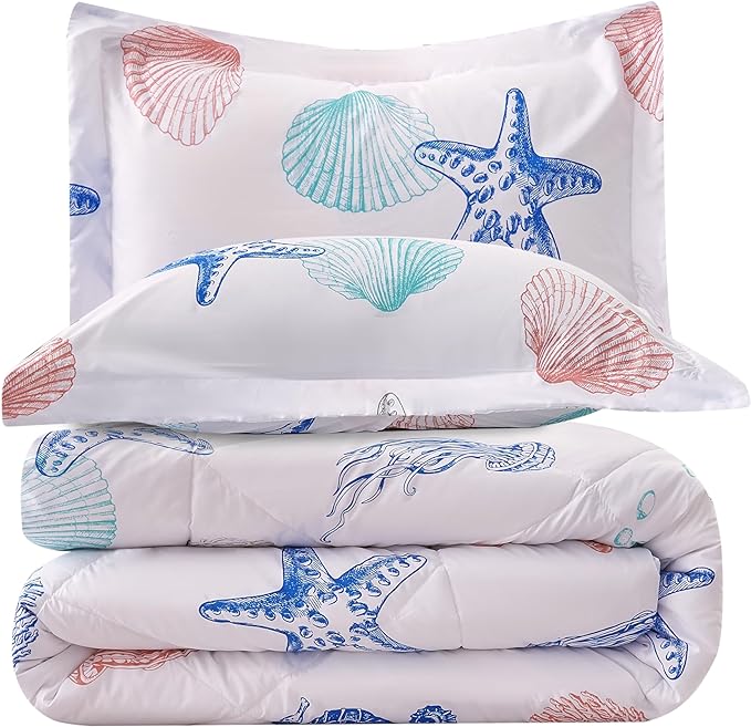 JSD 3 Piece Queen Beach Theme Kids Comforter Set, Jellyfish Starfish Shell Printed Comforter with Pillow Sham, Soft Comfortable Machine Washable - LeafyLoom
