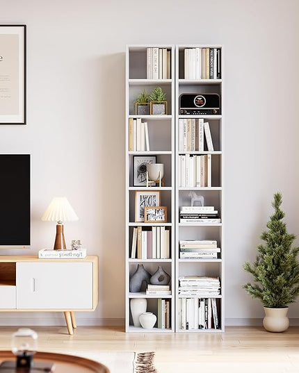 71 Inches Tall Narrow Bookshelf, 8-Tier CD DVD Slim Media Tower Rack, Corner Bookcase with Adjustable Shelves, Skinny Cubes Bookshelves for Home Office Small Space, White - LeafyLoom