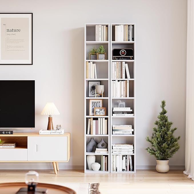 71 Inches Tall Narrow Bookshelf, 8-Tier CD DVD Slim Media Tower Rack, Corner Bookcase with Adjustable Shelves, Skinny Cubes Bookshelves for Home Office Small Space, White - LeafyLoom