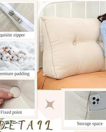Headboard Wedge Pillow Triangular Bed Rest Reading Backrest Body Bolster Cushion Back Support Long Bolster Pillow for Bed Gifts with Removable Cover(Beige, Queen (59 x 20 x 8 Inch)) - LeafyLoom
