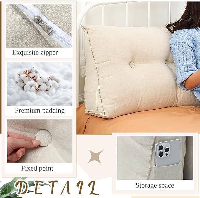 Headboard Wedge Pillow Triangular Bed Rest Reading Backrest Body Bolster Cushion Back Support Long Bolster Pillow for Bed Gifts with Removable Cover(Beige, Queen (59 x 20 x 8 Inch)) - LeafyLoom
