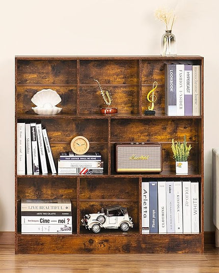 LEYAOYAO 8 Cube Bookshelf with Base,3 Tier Mid-Century Modern Brown Bookcase,Standing Wide Bookshelves Storage Organizer Shelf,Rustic Wood Display Cabinet Book Shelves for Bedroom,Living Room,Office - LeafyLoom