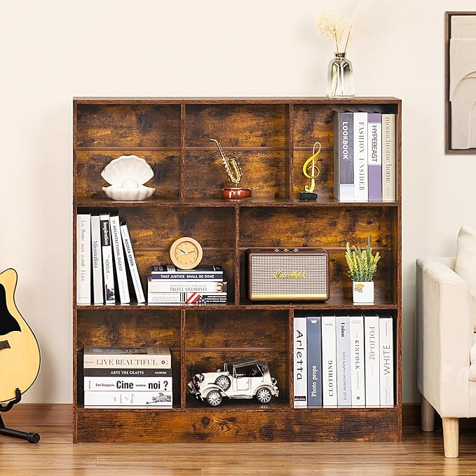 LEYAOYAO 8 Cube Bookshelf with Base,3 Tier Mid-Century Modern Brown Bookcase,Standing Wide Bookshelves Storage Organizer Shelf,Rustic Wood Display Cabinet Book Shelves for Bedroom,Living Room,Office - LeafyLoom