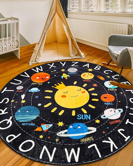 Round ABC Kids Rug,4 Ft Soft Circle Alphabet Playroom Rug,Washable Non-Slip Solar System Kids Play Rug,Space Educational Rug Kids Carpet for Classroom Playroom Bedroom Kids Room Decor - LeafyLoom