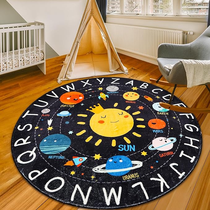Round ABC Kids Rug,4 Ft Soft Circle Alphabet Playroom Rug,Washable Non-Slip Solar System Kids Play Rug,Space Educational Rug Kids Carpet for Classroom Playroom Bedroom Kids Room Decor - LeafyLoom