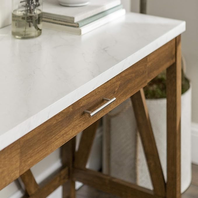 Walker Edison Rustic Farmhouse Wood Computer Writing Desk Home Office Workstation Small, 46 Inch, Marble and Walnut - LeafyLoom
