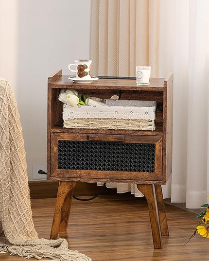 Lerliuo Rattan Nightstands Set of 2 with Charging Station, Boho Side Table with Drawer Open Shelf, Cane Accent Bedside End Table with Solid Wood Legs for Bedroom, Dorm and Small Spaces (Brown) - LeafyLoom