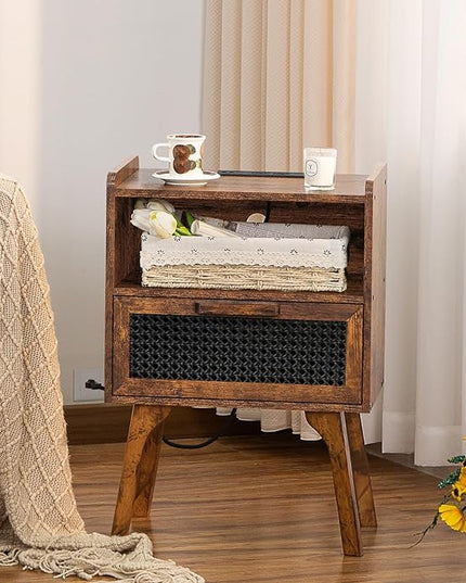 Lerliuo Rattan Nightstand with Charging Station, Side Table with Drawer Open Shelf, Cane Accent Bedside End Table with Solid Wood Legs, Night Stand for Bedroom, Dorm and Small Spaces (Brown) - LeafyLoom