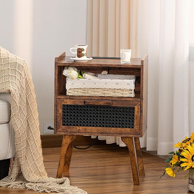 Lerliuo Rattan Nightstand with Charging Station, Side Table with Drawer Open Shelf, Cane Accent Bedside End Table with Solid Wood Legs, Night Stand for Bedroom, Dorm and Small Spaces (Brown) - LeafyLoom