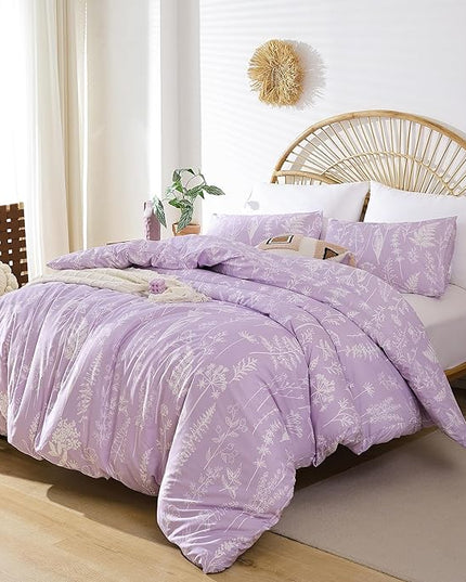 JANZAA Queen Comforter Set Floral Comforter Sets Queen Size Bedding Set Purple Comforter for All Season with 2 Pillow Shams Cute and Comfortable - LeafyLoom