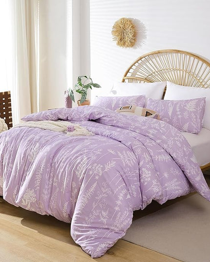 JANZAA King Size Comforter Set Floral Comforter Sets King Size Bedding Set Purple Comforter for All Season with 2 Pillow Shams Cute and Comfortable - LeafyLoom