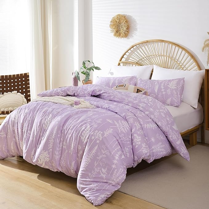 JANZAA King Size Comforter Set Floral Comforter Sets King Size Bedding Set Purple Comforter for All Season with 2 Pillow Shams Cute and Comfortable - LeafyLoom