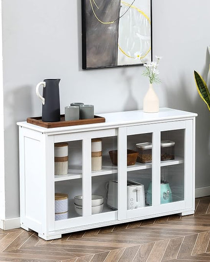 HOMCOM Sideboard Buffet Cabinet, Stackable Credenza, Coffee Bar Cabinet with Sliding Glass Door and Adjustable Shelf, White - LeafyLoom