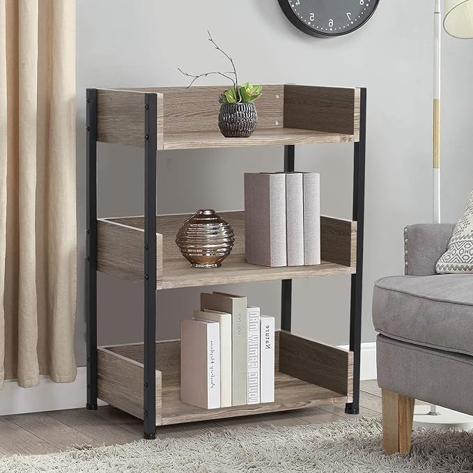 VECELO Bookshelf,Small Bookcase,3-Tier Storage Organizer,Industrial Shelving Unit for Living Room,Classroom,Office,Dormitory,Set of 2,Brown - LeafyLoom