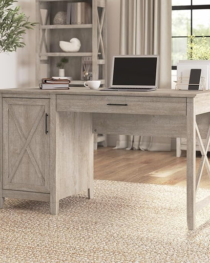 Bush Furniture Key West Computer Desk with Storage | Farmhouse PC Table for Home Office in Washed Gray | 54W x 24D - LeafyLoom