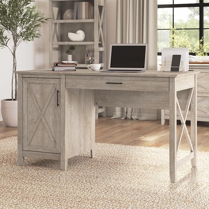 Bush Furniture Key West Computer Desk with Storage | Farmhouse PC Table for Home Office in Washed Gray | 54W x 24D - LeafyLoom