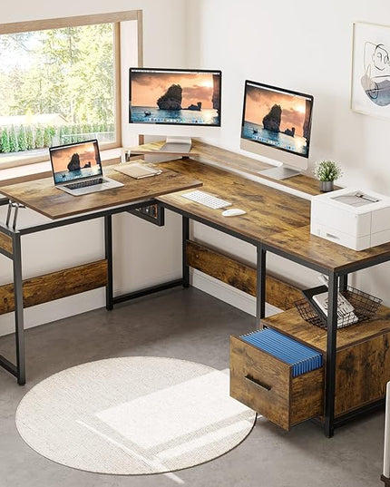 YITAHOME L Shaped Desk with Lift Top, 65" Adjustable Standing Desk with File Drawer, Corner Computer Desk with Storage Shelves,Home Office Desk, Rustic Brown - LeafyLoom