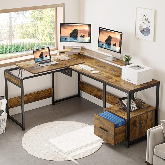 YITAHOME L Shaped Desk with Lift Top, 65" Adjustable Standing Desk with File Drawer, Corner Computer Desk with Storage Shelves,Home Office Desk, Rustic Brown - LeafyLoom