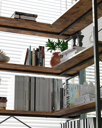 IRONCK 5-Shelf Corner Bookcase, Vintage Industrial Corner Bookshelf Etagere Bookcase, 5 Tier Corner Shelf Storage Rack with Metal Frame for Living Room Home Office - LeafyLoom
