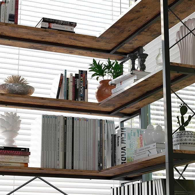 IRONCK 5-Shelf Corner Bookcase, Vintage Industrial Corner Bookshelf Etagere Bookcase, 5 Tier Corner Shelf Storage Rack with Metal Frame for Living Room Home Office - LeafyLoom