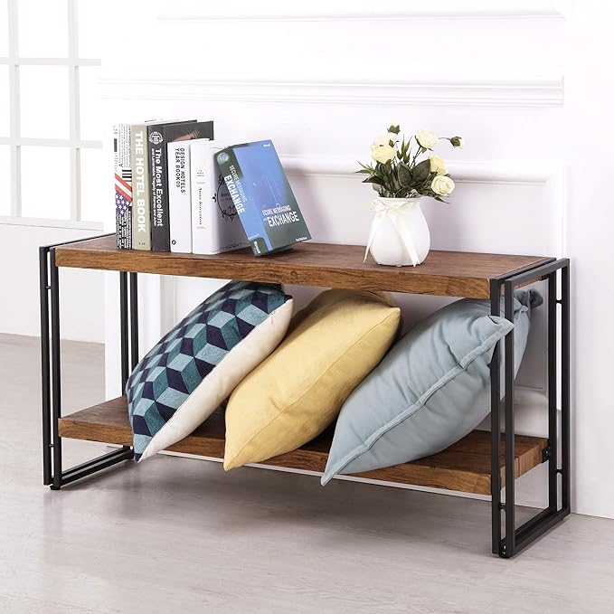 2 Shelf Bookcase Small Display Book Shelf Rustic Industrial, Brown - LeafyLoom