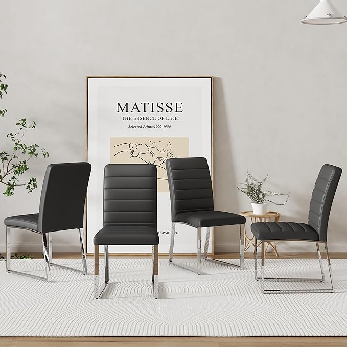 NicBex Dining Chairs Set of 4 Modern Faux Leather High Back Dining Room Kitchen Chairs with Silver Metal Legs,Chairs for Dining Room, Kitchen,Living Room, and Restaurants,Black - LeafyLoom