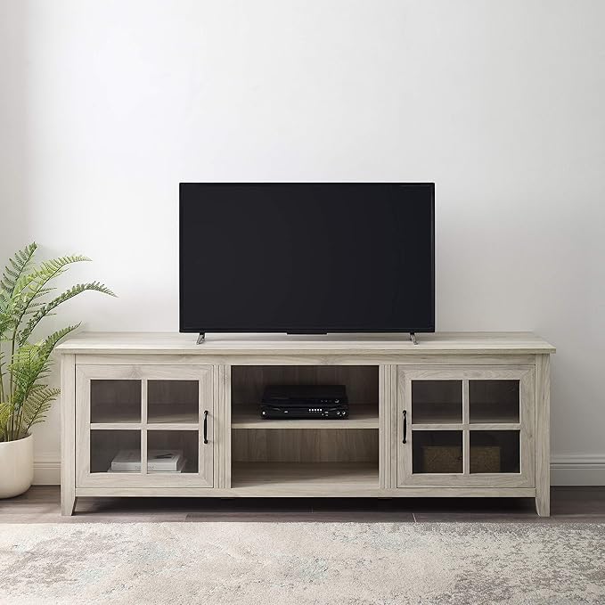 Walker Edison Portsmouth Classic 2 Glass Door TV Stand for TVs up to 80 Inches, 70 Inch, Birch - LeafyLoom