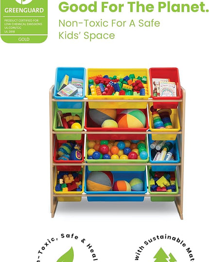 Delta Children Kids Toy Storage Organizer with 12 Plastic Bins - Greenguard Gold Certified, Natural/Primary - LeafyLoom