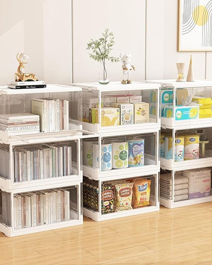 3-Pack Clear Stackable Storage Bins with Lids Magnetic Doors Open Front Foldable Folding Plastic Craft Containers Large Closet Organizers Box for Bedrooms Living Rooms Study Kids' Toys 24 QT - LeafyLoom