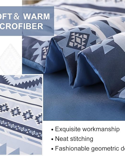 Dinjoy Blue Comforter Set Queen Size, Western Bedding Sets Queen 7 Pieces Bed in a Bag Geometric Striped Comforters with Sheets Aztec Patchwork Complete Set for All Seasons 90"x90" - LeafyLoom