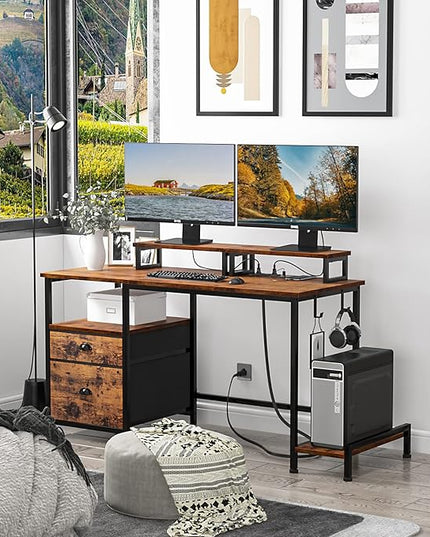 Furologee Computer Desk with Drawer and Power Outlets, 47" Office Desk with 2 Monitor Stands and Fabric File Cabinet, Writing Gaming Table with Shelves and 2 Hooks for Home Office, Rustic Brown - LeafyLoom