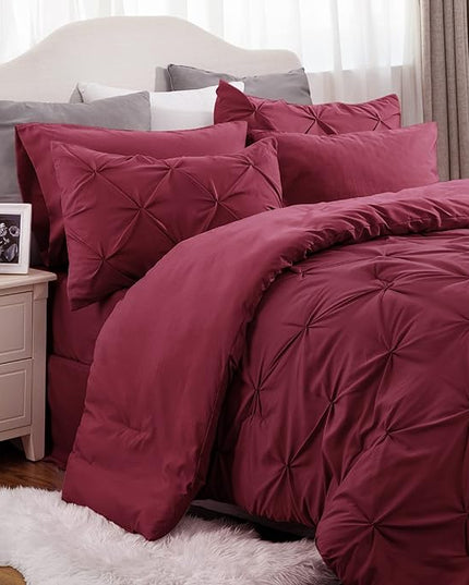 Bedsure King Size Comforter Set - Bedding Set King 7 Pieces, Pintuck Bed in a Bag Burgundy Bed Set with Comforter, Sheets, Pillowcases & Shams - LeafyLoom