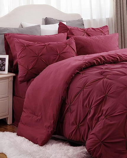 Bedsure Twin/Twin XL Comforter Set with Sheets - 5 Pieces Twin Bedding Sets, Pinch Pleat Burgundy Twin Bed in a Bag with Comforter, Sheets, Pillowcase & Sham - LeafyLoom