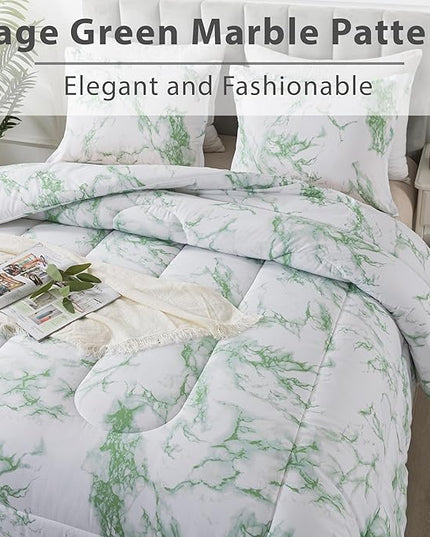 Litanika Sage Green Marble Comforter Queen(90x90lnch), 3Pieces(1 Marble Comforter and 2 Pillowcases) Soft Microfiber Comforter Bedding Set for Men and Women - LeafyLoom