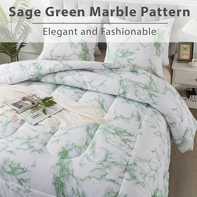 Litanika Sage Green Marble Comforter Queen(90x90lnch), 3Pieces(1 Marble Comforter and 2 Pillowcases) Soft Microfiber Comforter Bedding Set for Men and Women - LeafyLoom