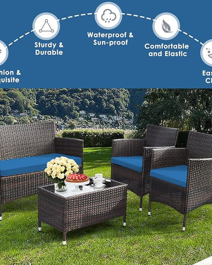 Goplus 4-Piece Rattan Patio Set, Outdoor/Indoor Wicker Conversation Set for Pool, Backyard, Lawn, Wicker Chairs and Sofa with Soft Cushion, Rattan Furniture with Tempered Glass Coffee Table - LeafyLoom