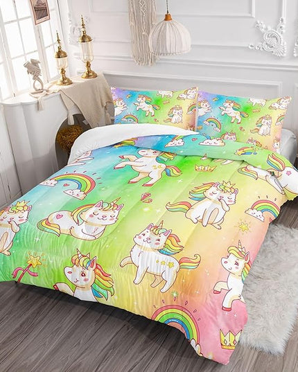Datura home Kids Unicorn Comforter Set for Girls Boys,Kawaii Rainbow Unicorn Printed Pattern Rainbow Kawaii Bedding Set with 2 Pillowcases(Rainbow Unicorn Queen) - LeafyLoom