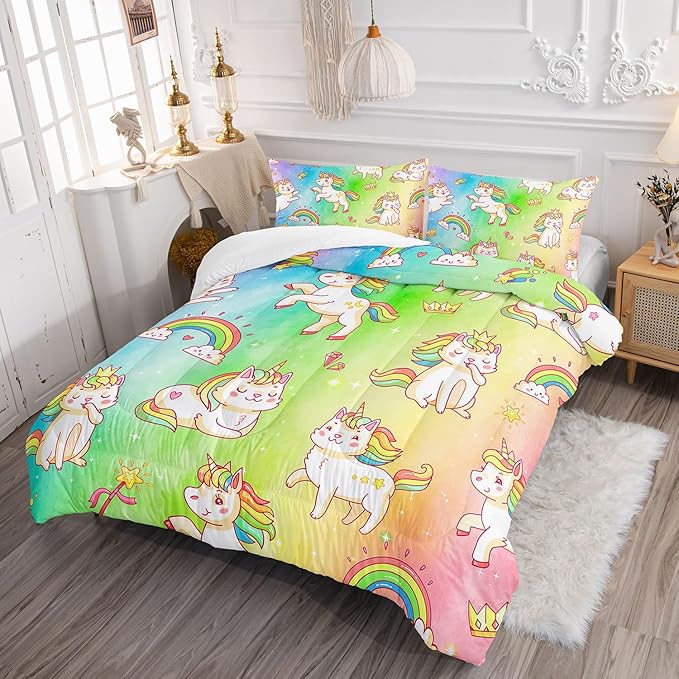 Datura home Kids Unicorn Comforter Set for Girls Boys,Kawaii Rainbow Unicorn Printed Pattern Rainbow Kawaii Bedding Set with 2 Pillowcases(Rainbow Unicorn Full) - LeafyLoom