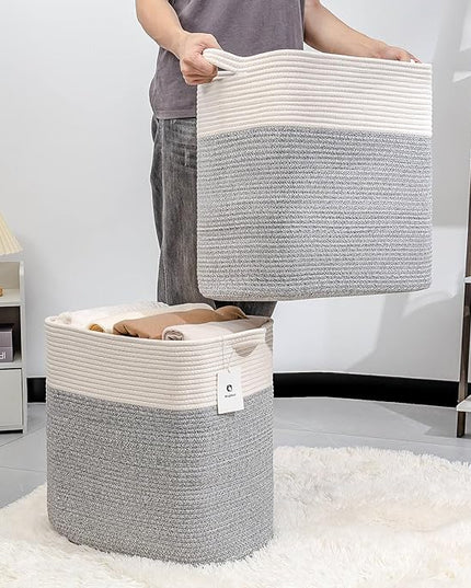 Large Cotton Tall Rectangle Small Laundry hamper Dog Toy Storage Baskets Woven Basket Bins Foldable Medium With Handle Toys and Fabric Storing Storage Silver Gray 2 Pack - LeafyLoom
