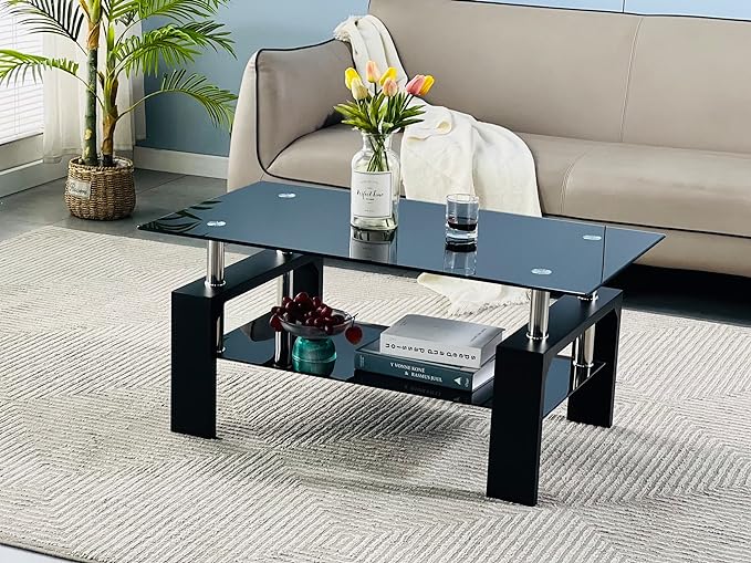 Living Room Rectangle Coffee Table, Tea Table Suitable for Waiting Room, Modern Side Coffee Table with Wooden Leg, Glass Tabletop with Lower Shelf, 39.5D x 23.5W x 17.5H in, Black - LeafyLoom