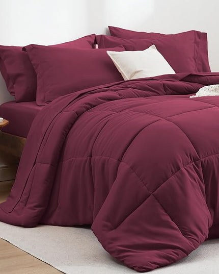 Bedsure Burgundy Full Size Comforter Set - 7 Pieces Solid Full Bed in a Bag, Full Bed Set Burgundy with Comforters, Sheets, Pillowcases & Shams - LeafyLoom