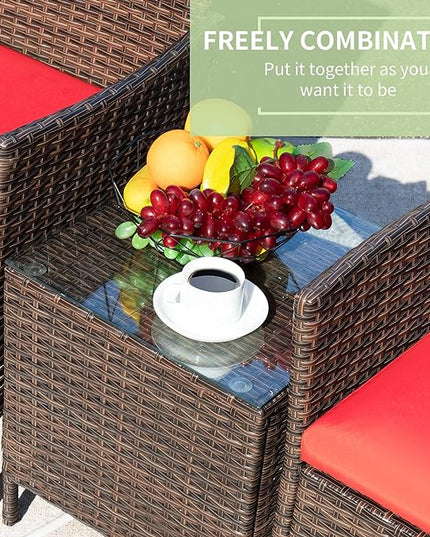 Greesum 3 Pieces Patio Furniture Sets Outdoor PE Rattan Wicker Chairs with Soft Cushion and Glass Coffee Table for Garden Backyard Porch Poolside, Brown and Red - LeafyLoom